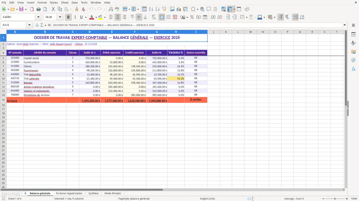 Capture 1 : feuille Balance générale - Modèle Excel dossier de travail expert comptable excel