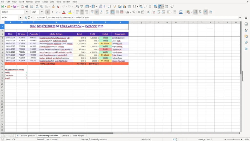 Écritures régularisation – Dossier comptable Excel – Modèle gratuit (2026)