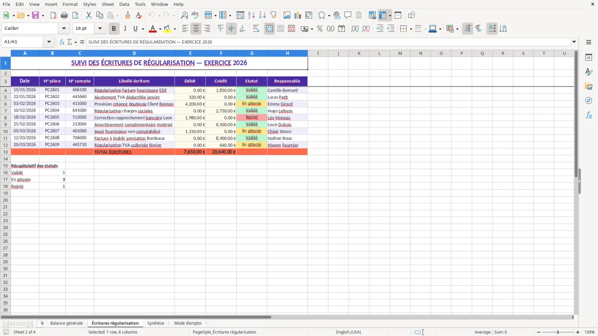 Capture 2 : feuille Écritures régularisation - Modèle Excel dossier de travail expert comptable excel