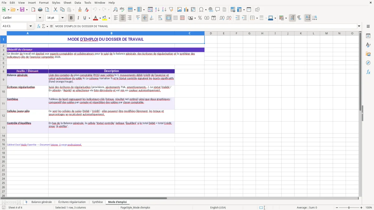 Capture 4 : feuille Mode d'emploi - Modèle Excel dossier de travail expert comptable excel