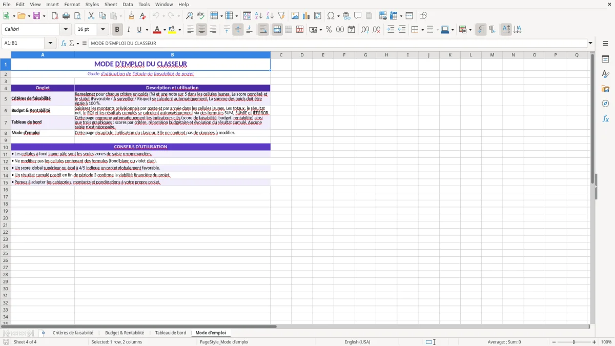 Capture 4 : feuille Mode d'emploi - Modèle Excel etude de faisabilite d un projet exemple excel