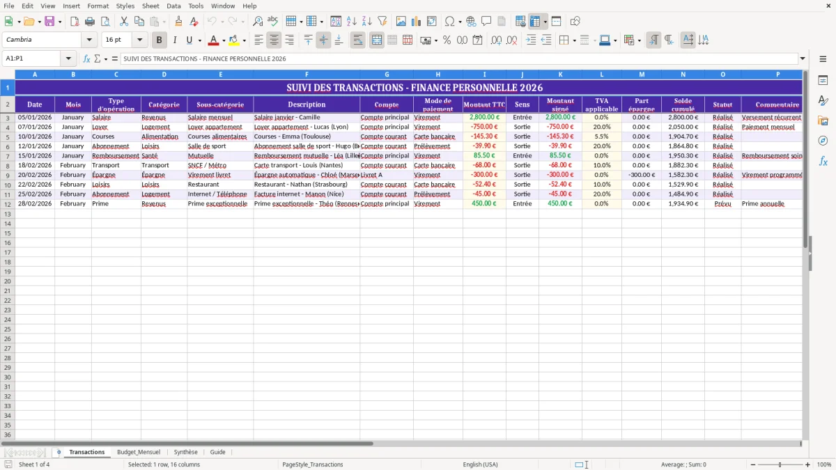 Capture 1 : feuille Transactions - Modèle Excel excel finance personnelle