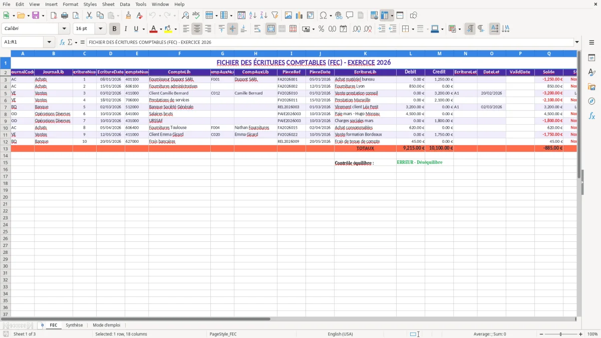 Capture 1 : feuille FEC - Modèle Excel exemple fichier fec excel