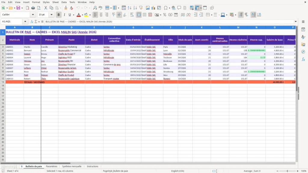 Bulletin de paie – Fiche de paie cadre Excel – Modèle Gratuit (2026)