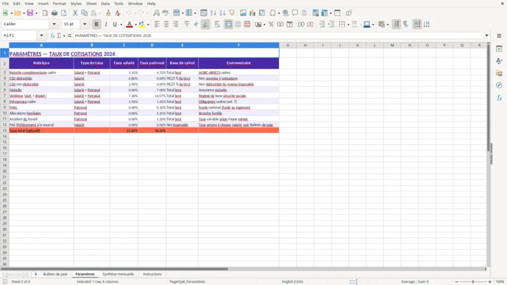 Paramètres – Fiche de paie cadre Excel – Modèle Gratuit (2026)