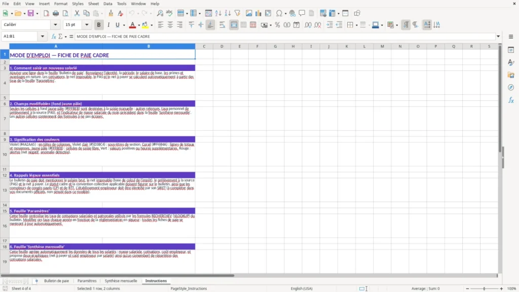 Instructions – Fiche de paie cadre Excel – Modèle Gratuit (2026)