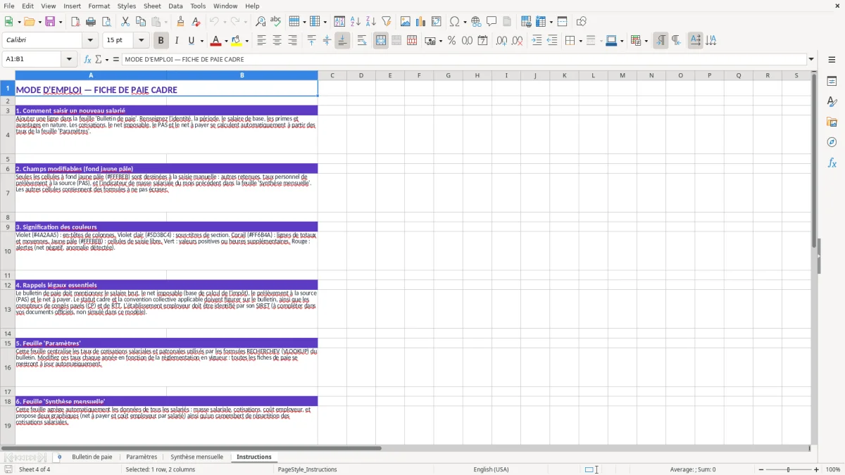 Capture 4 : feuille Instructions - Modèle Excel fiche de paie cadre excel