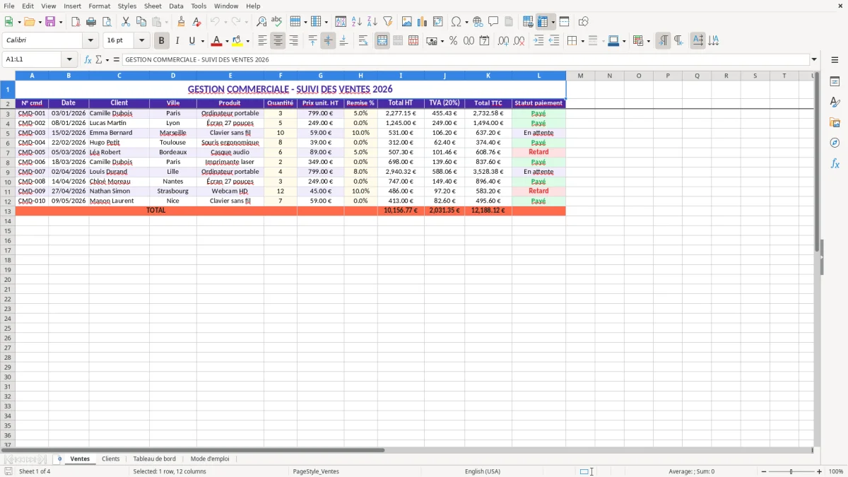 Capture 1 : feuille Ventes - Modèle Excel gestion commerciale excel