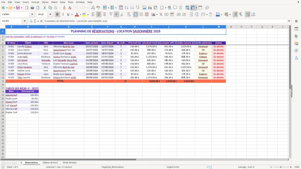 Réservations – Planning de réservation location Excel – Modèle gratuit (2026)