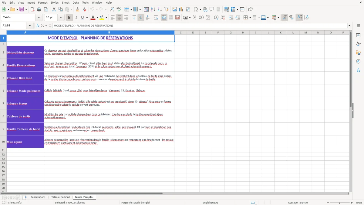 Capture 3 : feuille Mode d'emploi - Modèle Excel location planning de reservation excel