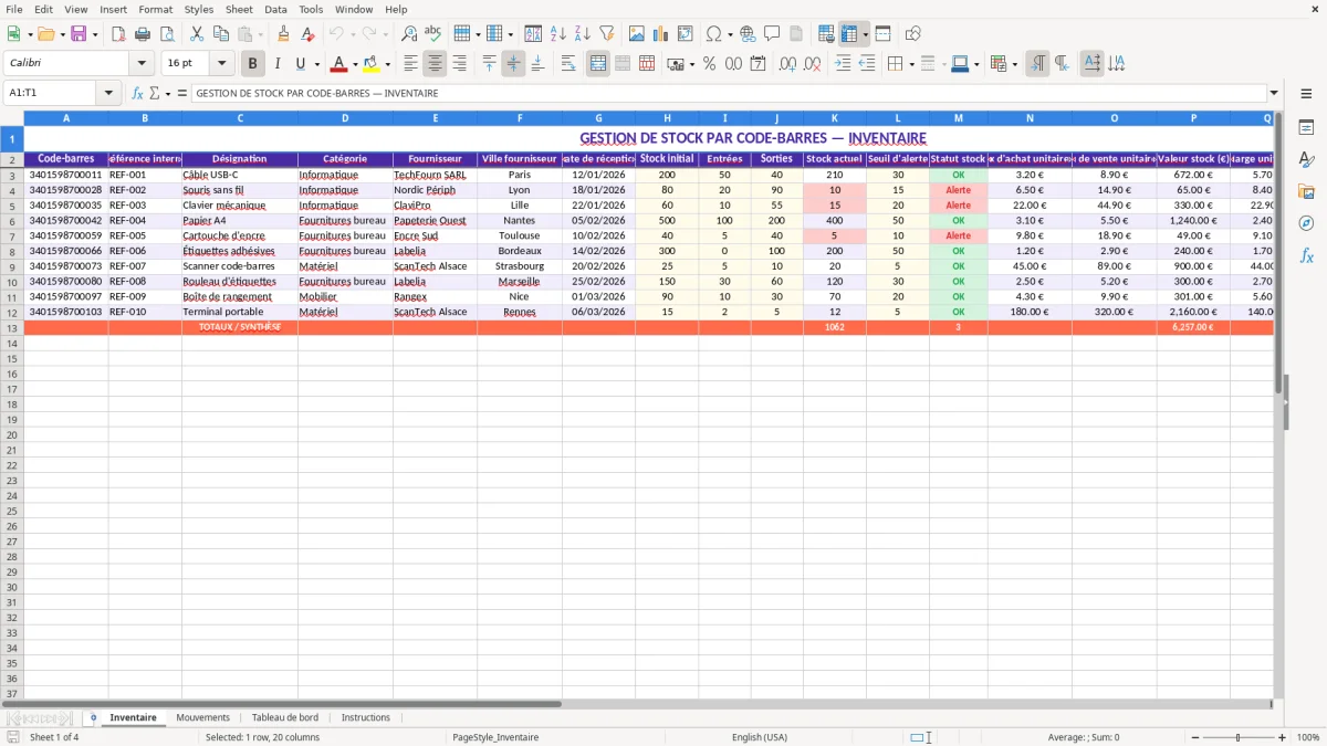 Capture 1 : feuille Inventaire - Modèle Excel logiciel gestion stock code barre excel