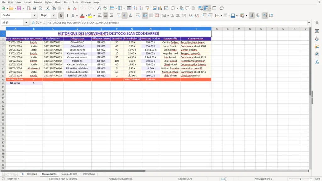 Mouvements – Gestion de stock code barre Excel – Modèle (2026)