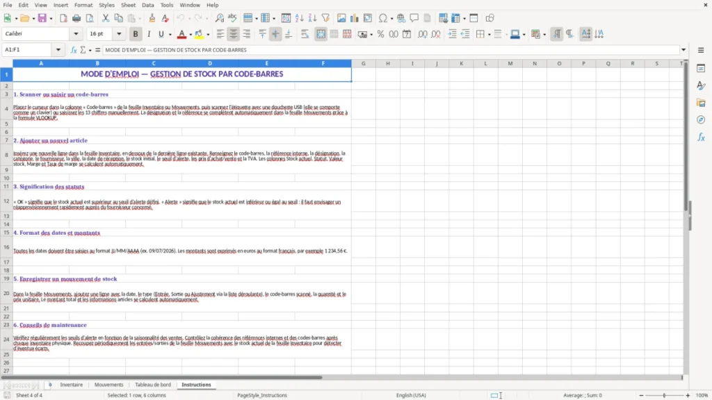 Instructions – Gestion de stock code barre Excel – Modèle (2026)