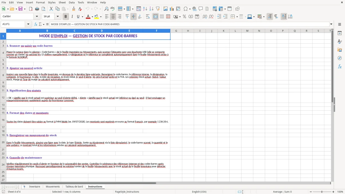 Capture 4 : feuille Instructions - Modèle Excel logiciel gestion stock code barre excel
