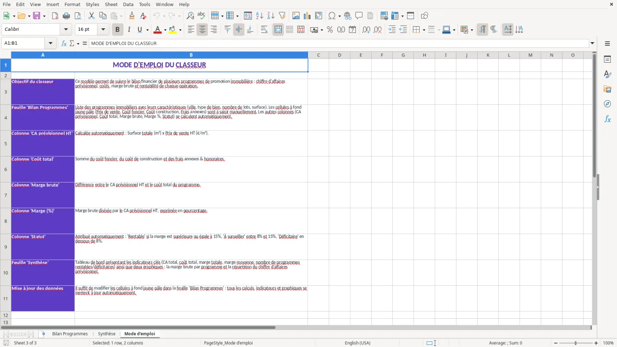 Capture 3 : feuille Mode d'emploi - Modèle Excel modele bilan promotion immobiliere excel