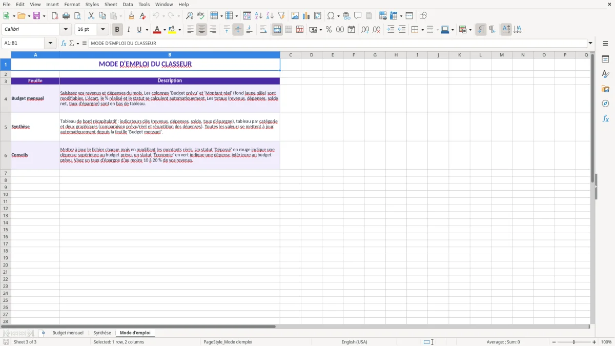 Capture 3 : feuille Mode d'emploi - Modèle Excel modele budget personnel excel