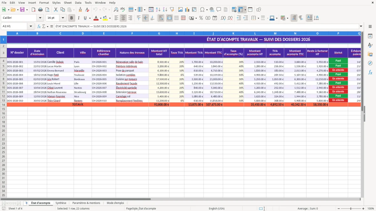 Capture 1 : feuille État d'acompte - Modèle Excel modele etat d acompte travaux excel