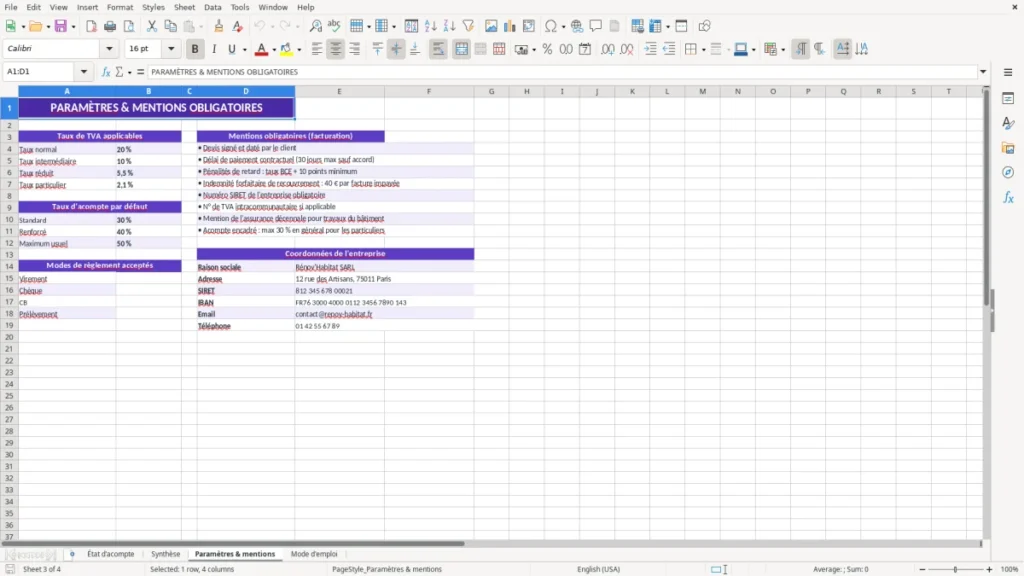 Paramètres & mentions – État d&rsquo;acompte travaux Excel – Modèle (2026)