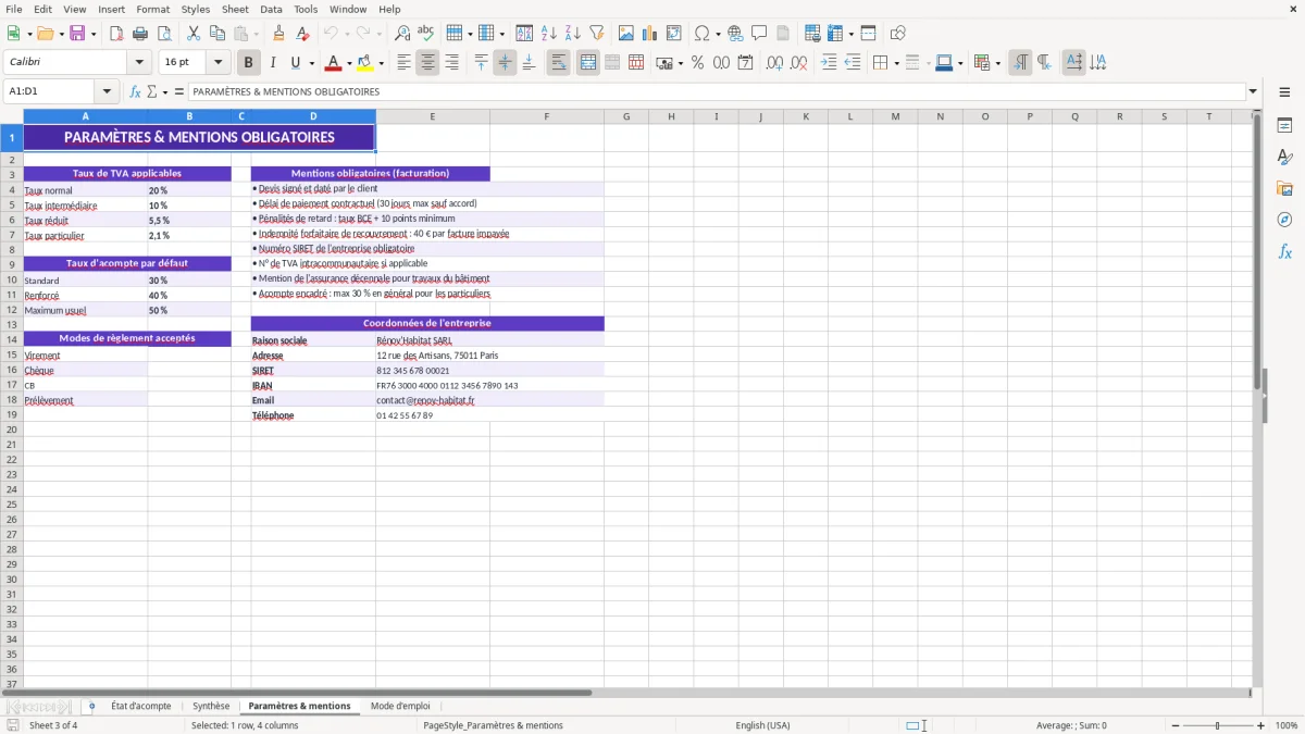Capture 3 : feuille Paramètres & mentions - Modèle Excel modele etat d acompte travaux excel