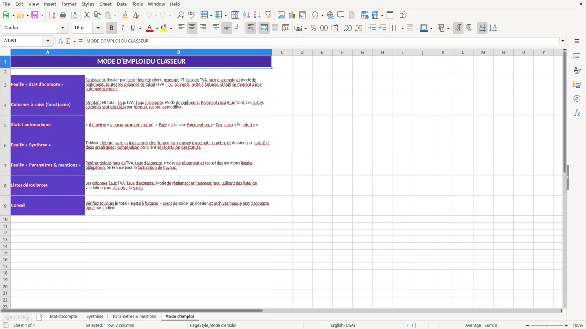 Capture 4 : feuille Mode d'emploi - Modèle Excel modele etat d acompte travaux excel