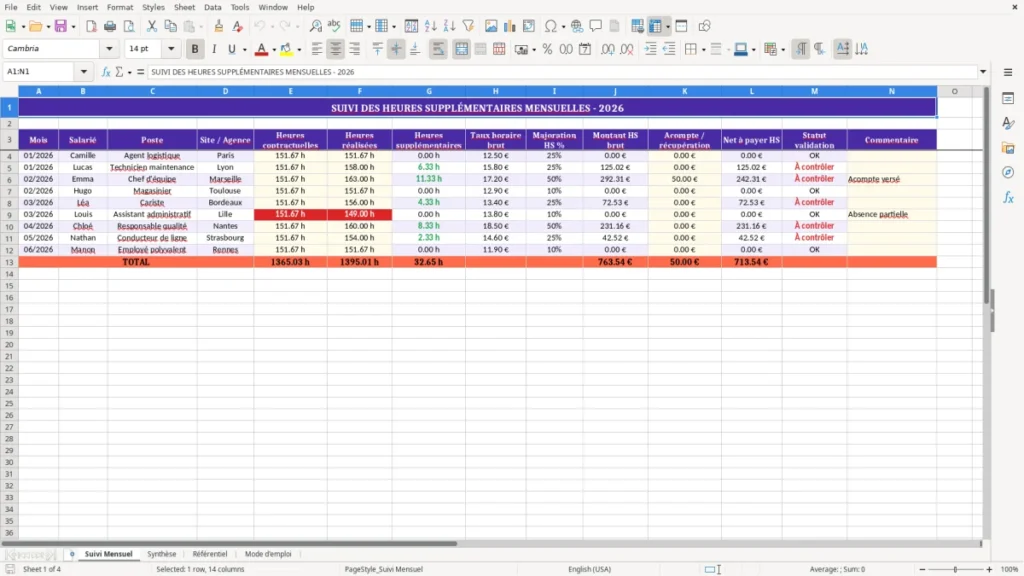 Suivi Mensuel – Heures supplémentaires Excel – Modèle mensuel (2026)