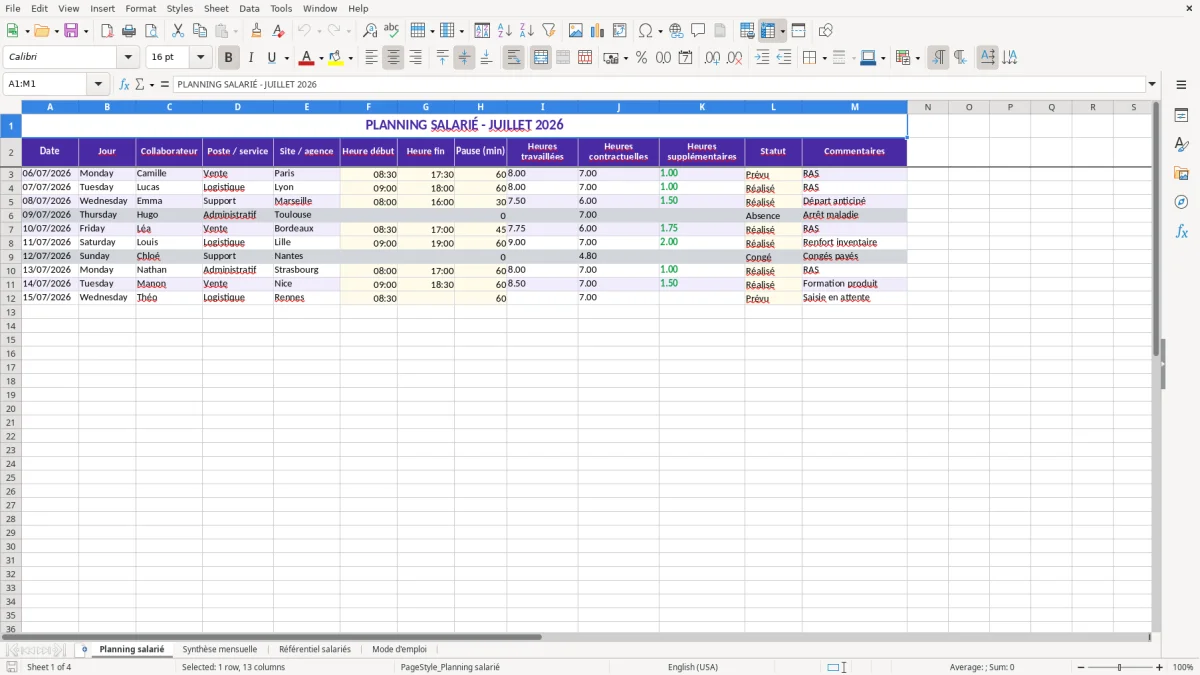 Capture 1 : feuille Planning salarié - Modèle Excel planning salarie excel