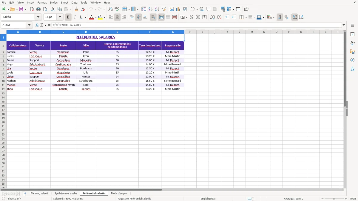 Capture 3 : feuille Référentiel salariés - Modèle Excel planning salarie excel