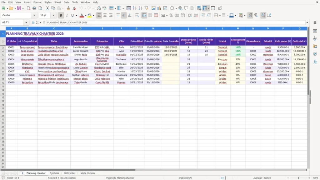 Planning chantier – Planning travaux chantier Excel – Modèle Gratuit (2026)