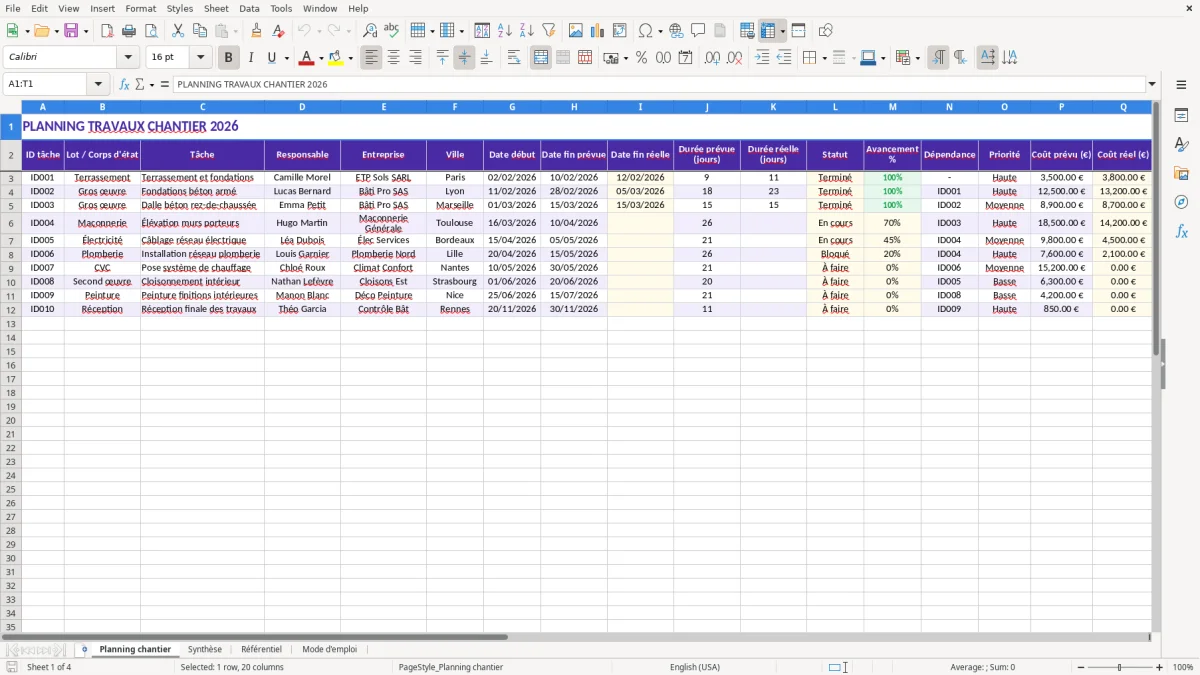 Capture 1 : feuille Planning chantier - Modèle Excel planning travaux chantier excel