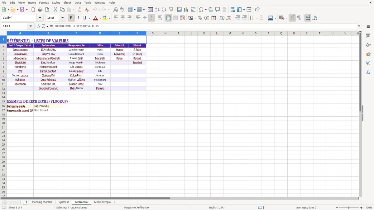 Capture 3 : feuille Référentiel - Modèle Excel planning travaux chantier excel
