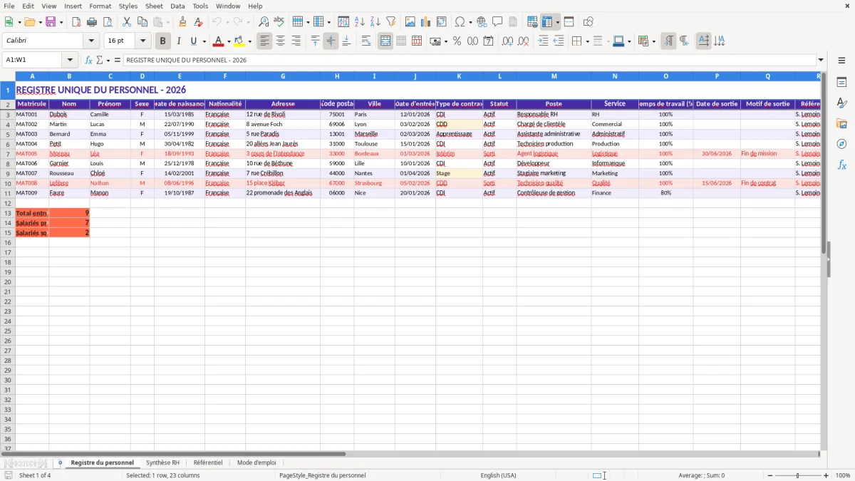Capture 1 : feuille Registre du personnel - Modèle Excel registre unique du personnel excel