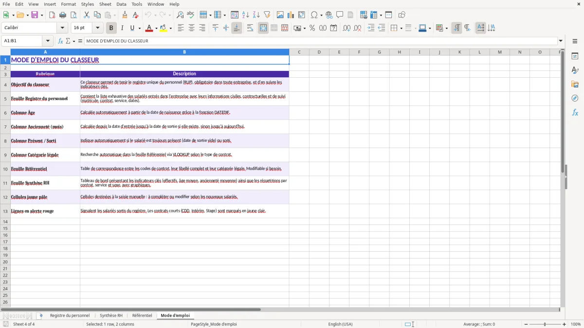 Capture 4 : feuille Mode d'emploi - Modèle Excel registre unique du personnel excel
