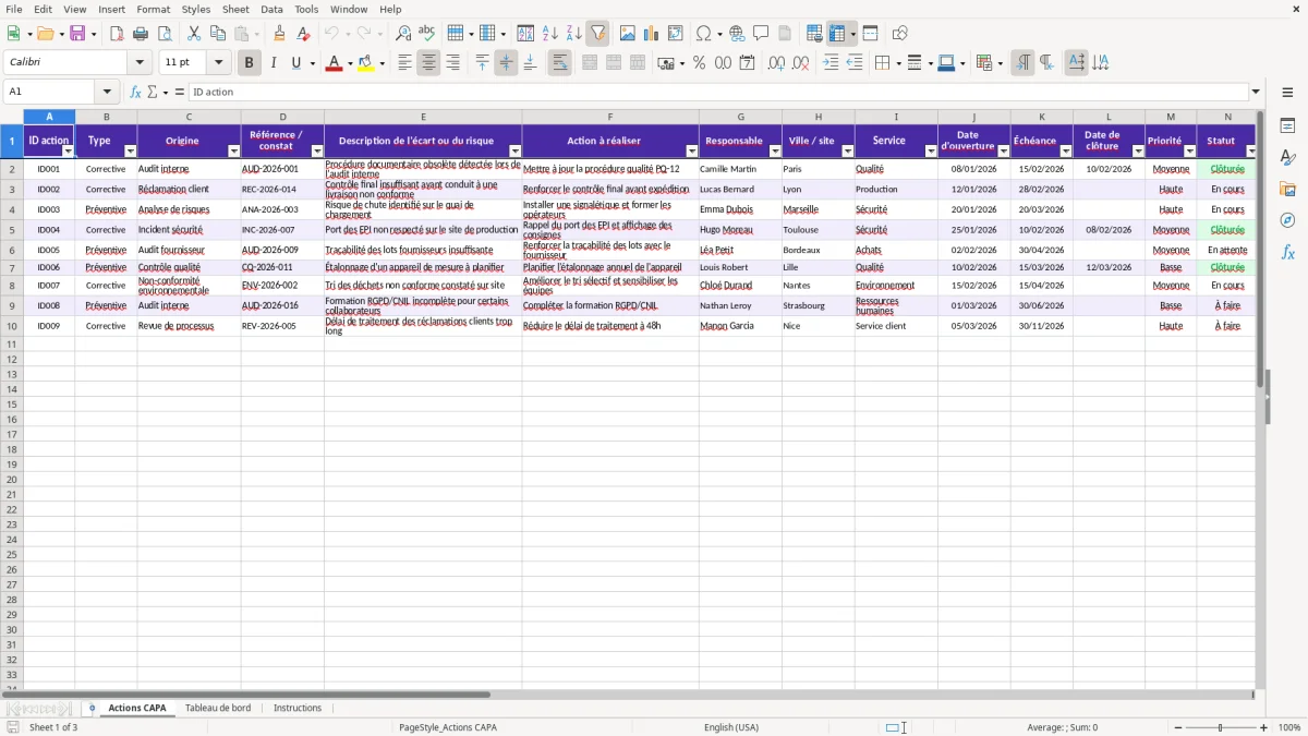 Capture 1 : feuille Actions CAPA - Modèle Excel tableau de suivi des actions correctives et preventives excel