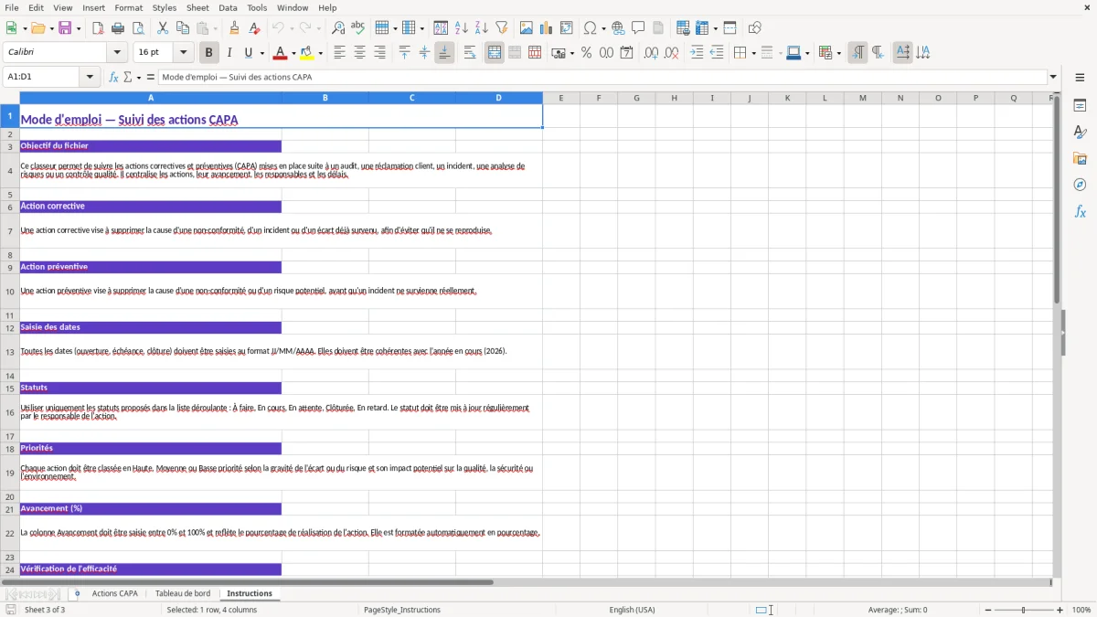 Capture 3 : feuille Instructions - Modèle Excel tableau de suivi des actions correctives et preventives excel