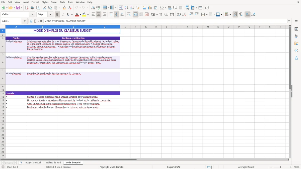 Capture 3 : feuille Mode d'emploi - Modèle Excel tableau excel budget