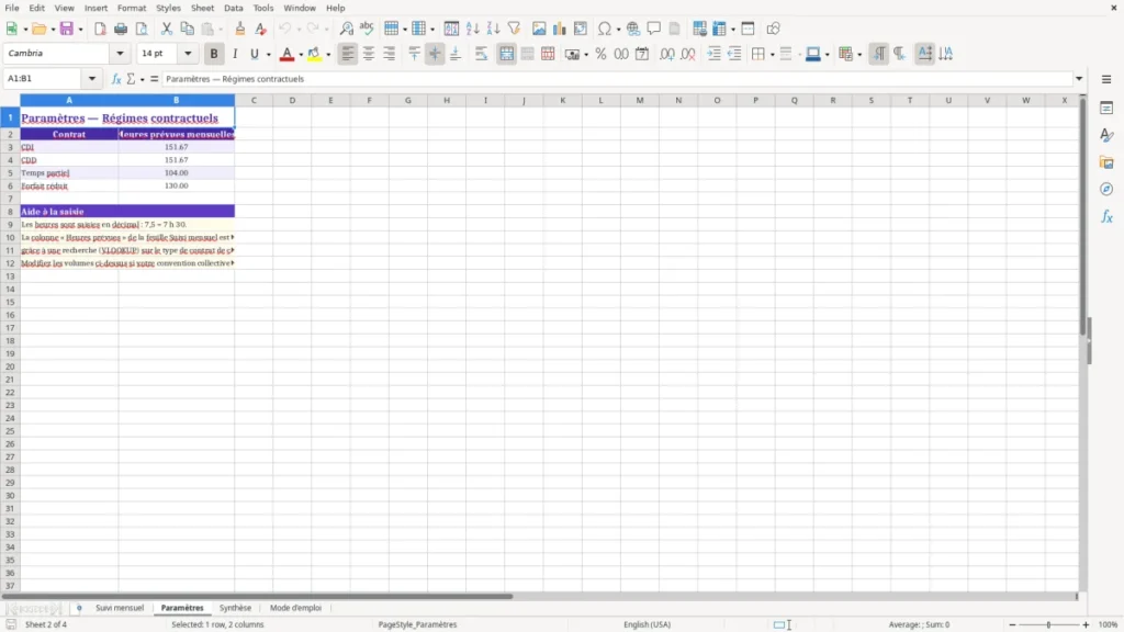 Paramètres – Calcul des heures mensuelles sur Excel