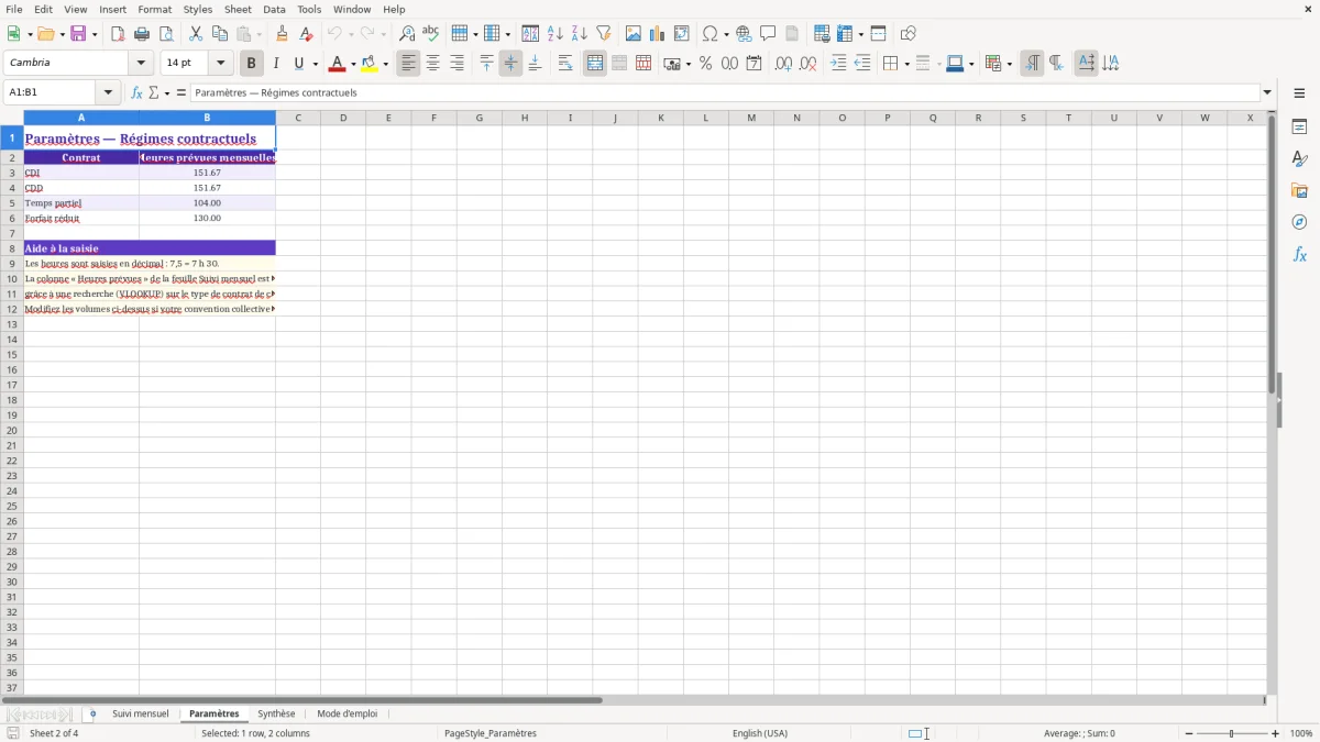 Capture 2 : feuille Paramètres - Modèle Excel tableau excel calcul des heures de travail mensuel