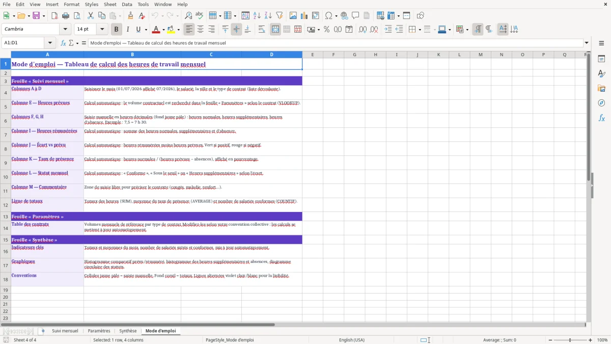 Capture 4 : feuille Mode d'emploi - Modèle Excel tableau excel calcul des heures de travail mensuel