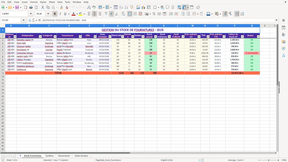 Capture 1 : feuille Stock_Fournitures - Modèle Excel tableau excel gestion stock fournitures