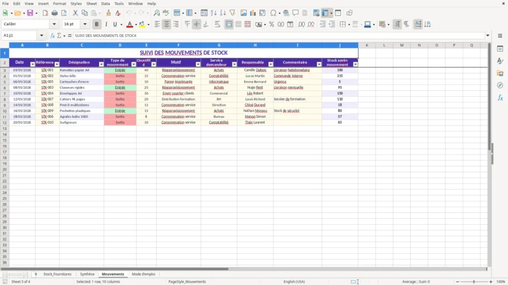 Mouvements – Gestion Stock Fournitures Excel – Modèle Gratuit (2026)