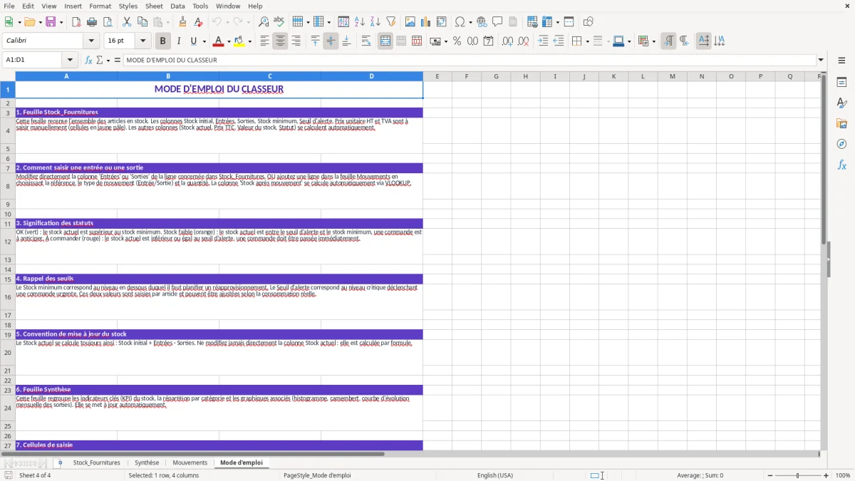 Capture 4 : feuille Mode d'emploi - Modèle Excel tableau excel gestion stock fournitures