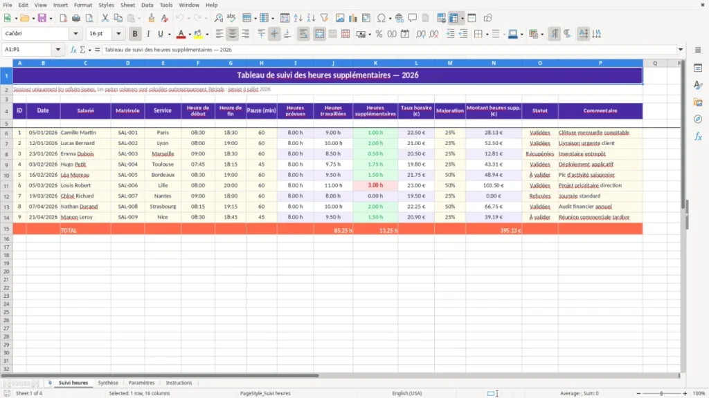 Suivi heures – Tableau des heures supplémentaires Excel