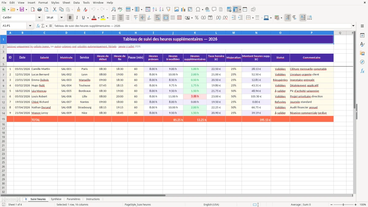 Capture 1 : feuille Suivi heures - Modèle Excel tableau suivi heures supplementaires excel