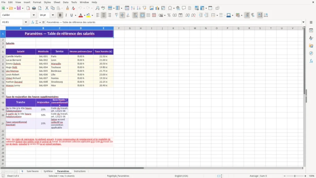 Paramètres – Tableau des heures supplémentaires Excel