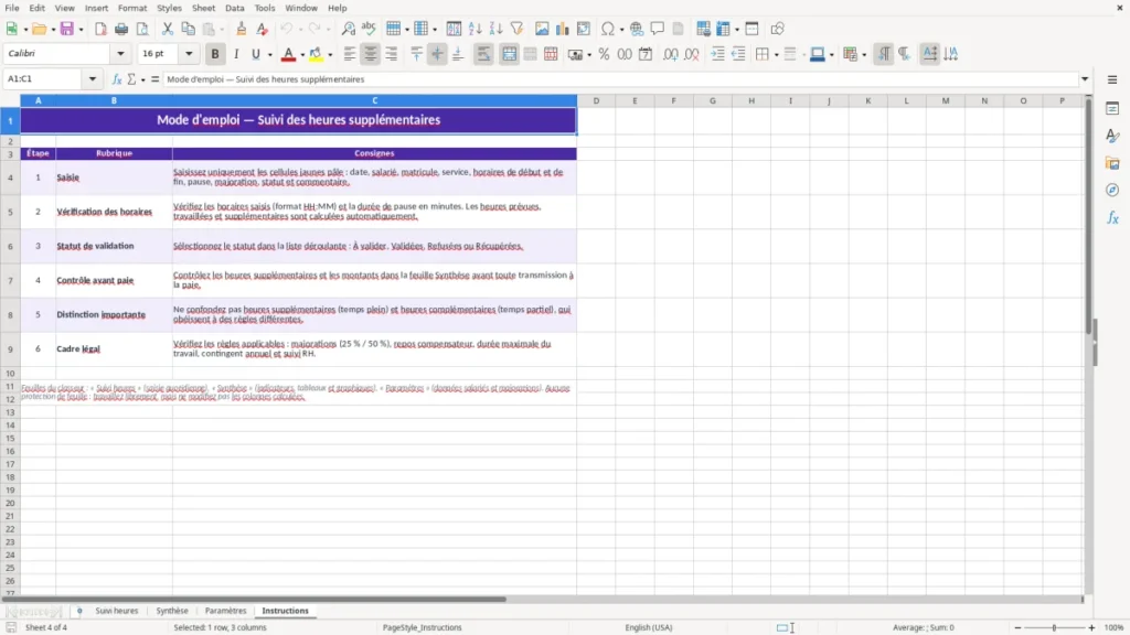 Instructions – Tableau des heures supplémentaires Excel