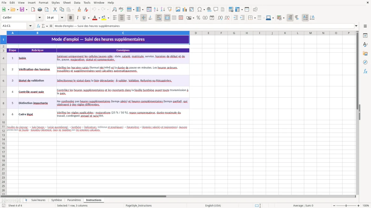Capture 4 : feuille Instructions - Modèle Excel tableau suivi heures supplementaires excel