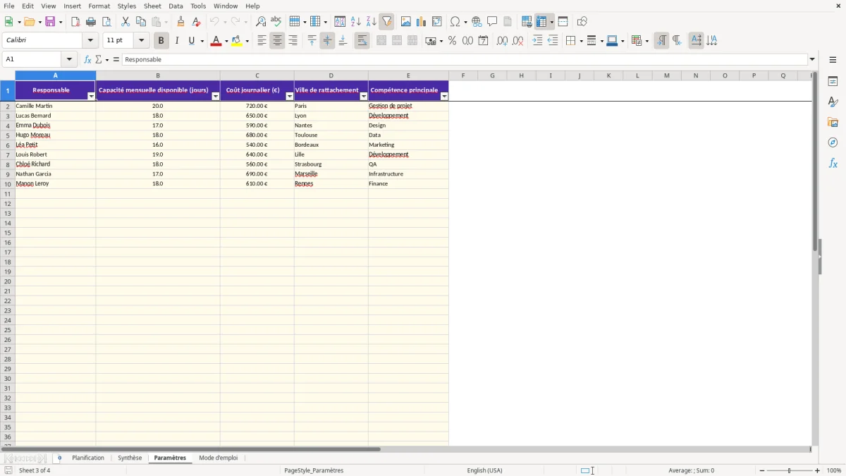 Capture 3 : feuille Paramètres - Modèle Excel capacity planning excel