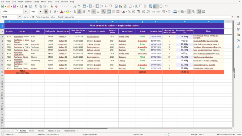 Ruches – Fiche de suivi de ruche Excel à télécharger