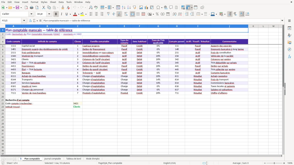 Capture 1 : feuille Plan comptable - Modèle Excel plan comptable marocain excel