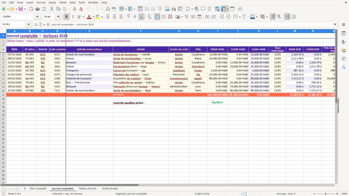 Capture 2 : feuille Journal comptable - Modèle Excel plan comptable marocain excel